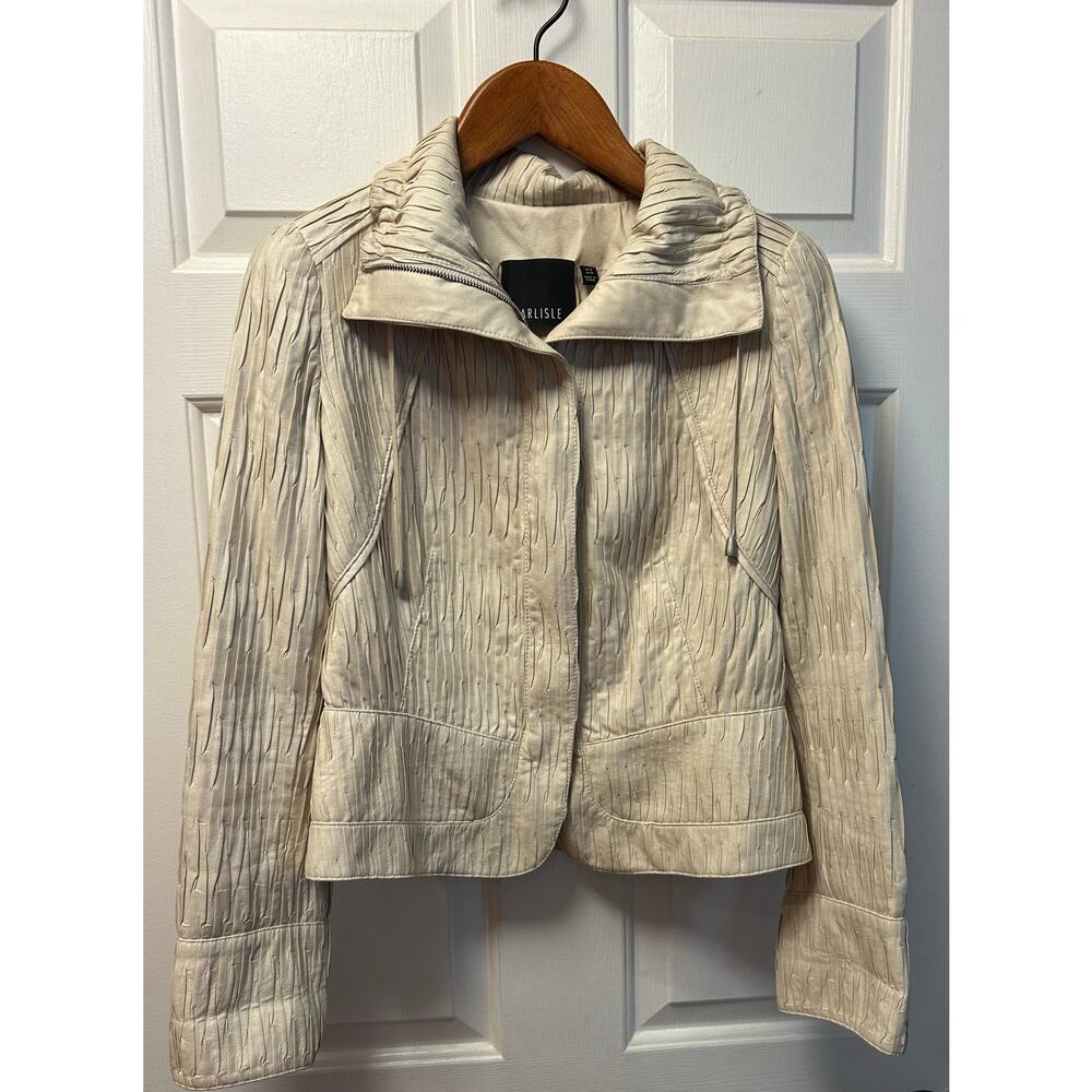 Carlisle Ivory Pleated Faux Leather Jacket  Elegant & Chic, Size 8